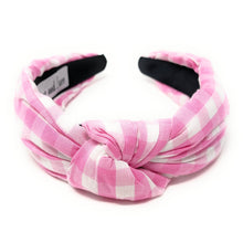 Load image into Gallery viewer, headbands for women, Wide headband, handmade headbands, top knotted headband, knotted headband, hair band for women, embellished headband, gingham headband, gingham headband for women, luxury headband, jeweled headband for women, knotted jeweled headband, bling headband, embellished knot headband, luxury knot headband, gingham print headbands, pink gingham headband, spring hair accessories, easter headbands, spring headbands, Gingham jeweled headband, embellished headband, best selling items