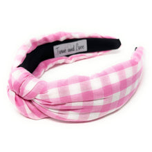 Load image into Gallery viewer, headbands for women, Wide headband, handmade headbands, top knotted headband, knotted headband, hair band for women, embellished headband, gingham headband, gingham headband for women, luxury headband, jeweled headband for women, knotted jeweled headband, bling headband, embellished knot headband, luxury knot headband, gingham print headbands, pink gingham headband, spring hair accessories, easter headbands, spring headbands, Gingham jeweled headband, embellished headband, best selling items