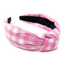 Load image into Gallery viewer, headbands for women, Wide headband, handmade headbands, top knotted headband, knotted headband, hair band for women, embellished headband, gingham headband, gingham headband for women, luxury headband, jeweled headband for women, knotted jeweled headband, bling headband, embellished knot headband, luxury knot headband, gingham print headbands, pink gingham headband, spring hair accessories, easter headbands, spring headbands, Gingham jeweled headband, embellished headband, best selling items