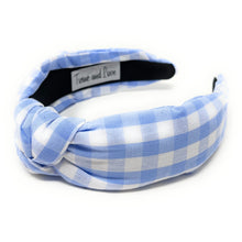 Load image into Gallery viewer, headbands for women, Wide headband, handmade headbands, top knotted headband, knotted headband, hair band for women, embellished headband, gingham headband, gingham headband for women, luxury headband, jeweled headband for women, knotted jeweled headband, bling headband, embellished knot headband, luxury knot headband, gingham print headbands, pink gingham headband, spring hair accessories, easter headbands, spring headbands, Gingham jeweled headband, embellished headband, best selling items