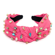 Load image into Gallery viewer, headband for women, womens headband, headbands for women, stylish headbands, headband style, top knot headband, woven top knot headband, head band, hair band, trendy headbands, top knotted headband, handmade headbands, top knotted headband, knotted headband, headband, hair band for women, trendy headband, fashion headbands, embellished headband, rhinestone headband, gemstone headband for women, luxury headband, jeweled headband for women, pink jeweled headband, jeweled knot headband, summer headbands