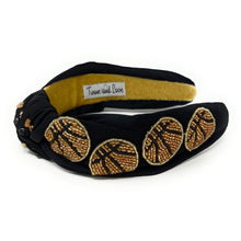 Load image into Gallery viewer, headband for women, basketball Knot headband, basketball lover headband, basketball knotted headband, basketball top knot headband, basketball top knotted headband, black knotted headband, tennis hair band, beaded basketball knot headband, basketball headband, statement headbands, top knotted headband, knotted headband, basketball lover gifts, baseball embellished headband, luxury headband, game day gifts, game day headband  game day knot embellished headband