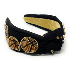 Load image into Gallery viewer, headband for women, basketball Knot headband, basketball lover headband, basketball knotted headband, basketball top knot headband, basketball top knotted headband, black knotted headband, tennis hair band, beaded basketball knot headband, basketball headband, statement headbands, top knotted headband, knotted headband, basketball lover gifts, baseball embellished headband, luxury headband, game day gifts, game day headband  game day knot embellished headband