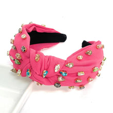 Load image into Gallery viewer, headband for women, womens headband, headbands for women, stylish headbands, headband style, top knot headband, woven top knot headband, head band, hair band, trendy headbands, top knotted headband, handmade headbands, top knotted headband, knotted headband, headband, hair band for women, trendy headband, fashion headbands, embellished headband, rhinestone headband, gemstone headband for women, luxury headband, jeweled headband for women, pink jeweled headband, jeweled knot headband, summer headbands