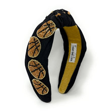 Load image into Gallery viewer, headband for women, basketball Knot headband, basketball lover headband, basketball knotted headband, basketball top knot headband, basketball top knotted headband, black knotted headband, tennis hair band, beaded basketball knot headband, basketball headband, statement headbands, top knotted headband, knotted headband, basketball lover gifts, baseball embellished headband, luxury headband, game day gifts, game day headband  game day knot embellished headband