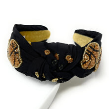 Load image into Gallery viewer, headband for women, basketball Knot headband, basketball lover headband, basketball knotted headband, basketball top knot headband, basketball top knotted headband, black knotted headband, tennis hair band, beaded basketball knot headband, basketball headband, statement headbands, top knotted headband, knotted headband, basketball lover gifts, baseball embellished headband, luxury headband, game day gifts, game day headband  game day knot embellished headband