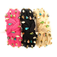 Load image into Gallery viewer, headband for women, womens headband, headbands for women, stylish headbands, headband style, top knot headband, woven top knot headband, head band, hair band, trendy headbands, top knotted headband, handmade headbands, top knotted headband, knotted headband, headband, hair band for women, trendy headband, fashion headbands, embellished headband, rhinestone headband, gemstone headband for women, luxury headband, jeweled headband for women, pink jeweled headband, jeweled knot headband, summer headbands