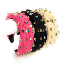 Load image into Gallery viewer, headband for women, womens headband, headbands for women, stylish headbands, headband style, top knot headband, woven top knot headband, head band, hair band, trendy headbands, top knotted headband, handmade headbands, top knotted headband, knotted headband, headband, hair band for women, trendy headband, fashion headbands, embellished headband, rhinestone headband, gemstone headband for women, luxury headband, jeweled headband for women, pink jeweled headband, jeweled knot headband, summer headbands