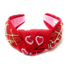 Load image into Gallery viewer, VALENTINES Jeweled Headband, Heart Headbands for Women, Heart Jeweled Knot Headband, Jeweled Knot Headbands, Valentines Day Knotted Headband, knotted headband, birthday gift for her, headbands for women, best selling items, knotted headbands, hair accessories, pink knot headband, valentine headband, valentines headband, valentines day gifts, embellished headband, heart stud headband, red headband, red hearts headband, heart headband for women and girls, bling headband, hearts knot headband, red headband