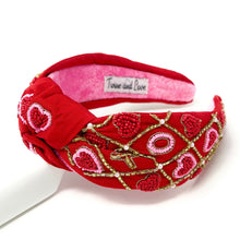 Load image into Gallery viewer, VALENTINES Jeweled Headband, Heart Headbands for Women, Heart Jeweled Knot Headband, Jeweled Knot Headbands, Valentines Day Knotted Headband, knotted headband, birthday gift for her, headbands for women, best selling items, knotted headbands, hair accessories, pink knot headband, valentine headband, valentines headband, valentines day gifts, embellished headband, heart stud headband, red headband, red hearts headband, heart headband for women and girls, bling headband, hearts knot headband, red headband