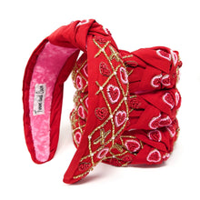 Load image into Gallery viewer, VALENTINES Jeweled Headband, Heart Headbands for Women, Heart Jeweled Knot Headband, Jeweled Knot Headbands, Valentines Day Knotted Headband, knotted headband, birthday gift for her, headbands for women, best selling items, knotted headbands, hair accessories, pink knot headband, valentine headband, valentines headband, valentines day gifts, embellished headband, heart stud headband, red headband, red hearts headband, heart headband for women and girls, bling headband, hearts knot headband, red headband