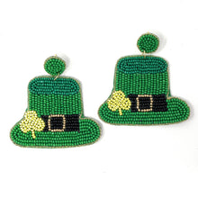 Load image into Gallery viewer, Green Hat Beaded Earrings, St. Patrick’s Day Earrings, St. Pats Earrings, Hat Beaded Earrings, Seed Bead, Leprechaun earrings, Green earrings, Hat Green beaded earrings, St. Patricks beaded earrings, Leprechaun hat beaded earrings, St, Patricks beaded earrings, hats earrings, Green seed bead earrings, St. Patrick’s day gifts, St. Patrick’s day accessories, holiday beaded accessories, Holiday red accessories, Holiday St Patrick’s Day earrings, Green gifts, best Selling items