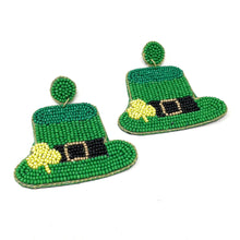 Load image into Gallery viewer, Green Hat Beaded Earrings, St. Patrick’s Day Earrings, St. Pats Earrings, Hat Beaded Earrings, Seed Bead, Leprechaun earrings, Green earrings, Hat Green beaded earrings, St. Patricks beaded earrings, Leprechaun hat beaded earrings, St, Patricks beaded earrings, hats earrings, Green seed bead earrings, St. Patrick’s day gifts, St. Patrick’s day accessories, holiday beaded accessories, Holiday red accessories, Holiday St Patrick’s Day earrings, Green gifts, best Selling items