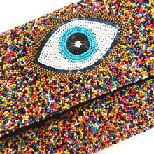 Load image into Gallery viewer, Evil Eye Beaded Clutch Purse, Rainbow Beaded Evil Eye Protection Symbol, Boho Clutch Bag, Party Clutch Purse, Birthday Gift, Crossbody Bag, Party bag, beaded clutch purse, seed bead clutch, evil eye purse, evil eye clutch, evil eye handbag, engagement gift, crossbody purse, best friends gifts, best selling items, crossbody bag, evil eye gifts, evening clutches, beaded clutches, crossbody clutch, best seller, best selling items