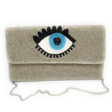 Load image into Gallery viewer, Evil Eye Beaded Clutch Purse, Silver Beaded Evil Eye Protection Symbol, Boho Clutch Bag, Party Clutch Purse, Birthday Gift, Crossbody Bag, Party bag, beaded clutch purse, seed bead clutch, evil eye purse, evil eye clutch, evil eye handbag, engagement gift, crossbody purse, best friends gifts, best selling items, crossbody bag, evil eye gifts, evening clutches, beaded clutches, crossbody clutch, best seller, best selling items