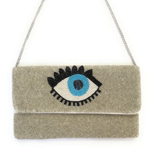Load image into Gallery viewer, Evil Eye Beaded Clutch Purse, Silver Beaded Evil Eye Protection Symbol, Boho Clutch Bag, Party Clutch Purse, Birthday Gift, Crossbody Bag, Party bag, beaded clutch purse, seed bead clutch, evil eye purse, evil eye clutch, evil eye handbag, engagement gift, crossbody purse, best friends gifts, best selling items, crossbody bag, evil eye gifts, evening clutches, beaded clutches, crossbody clutch, best seller, best selling items