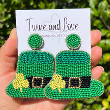 Load image into Gallery viewer, Green Hat Beaded Earrings, St. Patrick’s Day Earrings, St. Pats Earrings, Hat Beaded Earrings, Seed Bead, Leprechaun earrings, Green earrings, Hat Green beaded earrings, St. Patricks beaded earrings, Leprechaun hat beaded earrings, St, Patricks beaded earrings, hats earrings, Green seed bead earrings, St. Patrick’s day gifts, St. Patrick’s day accessories, holiday beaded accessories, Holiday red accessories, Holiday St Patrick’s Day earrings, Green gifts, best Selling items
