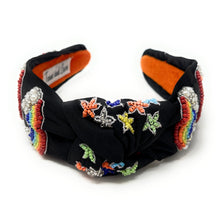 Load image into Gallery viewer, headbands for women, bead Knotted headband, rainbow knot headband, birthday headbands, top knot headband, rainbow top knot headband, LGBTQ headband, multicolor hair band, pride headbands, multi color headband, statement headbands, top knotted headband, knotted headband, party headbands, Spring knot headband, Spring headbands, Pride embellished headband, gemstone knot headband, luxury headband, hand bead knot headband, jeweled knot headband, rainbow Hand beaded headband, hand sewn headband