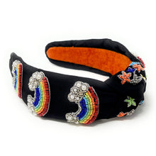 Load image into Gallery viewer, headbands for women, bead Knotted headband, rainbow knot headband, birthday headbands, top knot headband, rainbow top knot headband, LGBTQ headband, multicolor hair band, pride headbands, multi color headband, statement headbands, top knotted headband, knotted headband, party headbands, Spring knot headband, Spring headbands, Pride embellished headband, gemstone knot headband, luxury headband, hand bead knot headband, jeweled knot headband, rainbow Hand beaded headband, hand sewn headband