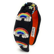 Load image into Gallery viewer, headbands for women, bead Knotted headband, rainbow knot headband, birthday headbands, top knot headband, rainbow top knot headband, LGBTQ headband, multicolor hair band, pride headbands, multi color headband, statement headbands, top knotted headband, knotted headband, party headbands, Spring knot headband, Spring headbands, Pride embellished headband, gemstone knot headband, luxury headband, hand bead knot headband, jeweled knot headband, rainbow Hand beaded headband, hand sewn headband