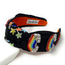 Load image into Gallery viewer, headbands for women, bead Knotted headband, rainbow knot headband, birthday headbands, top knot headband, rainbow top knot headband, LGBTQ headband, multicolor hair band, pride headbands, multi color headband, statement headbands, top knotted headband, knotted headband, party headbands, Spring knot headband, Spring headbands, Pride embellished headband, gemstone knot headband, luxury headband, hand bead knot headband, jeweled knot headband, rainbow Hand beaded headband, hand sewn headband