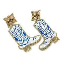 Load image into Gallery viewer, Bachelorette earrings, bride to be gifts, bride to be earrings, Bridal shower gift, bridal shower earrings, cowgirl boots earrings, cowgirl boots beaded earrings, cowgirl beaded accessories, cowgirl accessories, cowgirl earrings, cowgirl beaded earrings, bachelorette gifts, bachelorette beaded earrings, bachelorette party favors, bridal shower party favors, bachelorette gifts for her, bride to be gifts, country girl gifts, country girl earrings, beaded earrings for her, white blue earrings