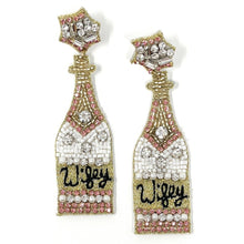 Load image into Gallery viewer, Bride beaded earrings, bride champagne bottle earrings, bridal earrings, bridal shower gift, bachelorette earrings, bridal gift, bride to be gift, bachelorette gift, bride statement beaded earrings, bridal gift, bachelorette party, earrings for bride, best friend gift, bachelorette gift, wifey earrings, birthday gift for bride, party treats for bride. bride to be gift, gifts for bridal shower, gift for bachelorette, gift for a future bride, bridal shower gifts, bridesmaids gifts, wifey beaded earrings