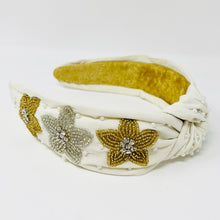 Load image into Gallery viewer, headband for women, beaded headband, neutral knot headband, Ivory knot headband, Ivory headband style, Floral top knot headband, pearl top knot headband, Floral head band, beaded hair band, trendy headbands, top knotted headband, handmade headbands, top knotted headband, knotted headband, trendy headband, fashion headbands, embellished headband, rhinestone headband, luxury headband, jeweled headband for women, Boho jeweled headband, jeweled knot headband, bohemian headbands