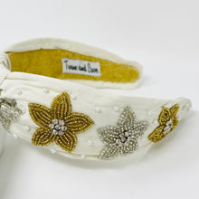 Load image into Gallery viewer, headband for women, beaded headband, neutral knot headband, Ivory knot headband, Ivory headband style, Floral top knot headband, pearl top knot headband, Floral head band, beaded hair band, trendy headbands, top knotted headband, handmade headbands, top knotted headband, knotted headband, trendy headband, fashion headbands, embellished headband, rhinestone headband, luxury headband, jeweled headband for women, Boho jeweled headband, jeweled knot headband, bohemian headbands