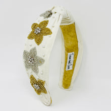 Load image into Gallery viewer, headband for women, beaded headband, neutral knot headband, Ivory knot headband, Ivory headband style, Floral top knot headband, pearl top knot headband, Floral head band, beaded hair band, trendy headbands, top knotted headband, handmade headbands, top knotted headband, knotted headband, trendy headband, fashion headbands, embellished headband, rhinestone headband, luxury headband, jeweled headband for women, Boho jeweled headband, jeweled knot headband, bohemian headbands