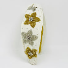 Load image into Gallery viewer, headband for women, beaded headband, neutral knot headband, Ivory knot headband, Ivory headband style, Floral top knot headband, pearl top knot headband, Floral head band, beaded hair band, trendy headbands, top knotted headband, handmade headbands, top knotted headband, knotted headband, trendy headband, fashion headbands, embellished headband, rhinestone headband, luxury headband, jeweled headband for women, Boho jeweled headband, jeweled knot headband, bohemian headbands