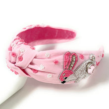 Load image into Gallery viewer, headbands for women, Easter knotted headband, headband style, top knot headband, Pink top knot headband, Easter headband, Easter hair band, bunny knot headband, top knotted headband, Bunny knotted headband, handmade headbands, top knotted headband, hand bead knotted headband, Easter bunny hair band for women, Hand bead St. Patrick’s headband, statement headbands, embellished headband, chic headband, Easter knot headband, Easter bunny headband, Easter hair accessories, Bunny knot headband