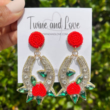 Load image into Gallery viewer, horseshoe Beaded Earrings, beaded horseshoe Earrings, horseshoe Earrings, derby Beaded Earrings, derby earrings, floral lover bead earrings, derby horseshoe beaded earrings, white floral earrings, Beaded earrings, silver horseshoe bead earrings, silver seed bead earrings, derby accessories, spring summer earrings, gifts for mom, Horseshoe earrings, best friend gifts, birthday gifts, Derby Silver earrings, flower beaded earrings, silver earrings accessory, Red rose earrings, Rose beaded earrings