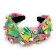 Load image into Gallery viewer, headbands for women, Wide headband, handmade headbands, top knotted headband, knotted headband, hair band for women, embellished headband, rhinestone headband, gemstone headband for women, luxury headband, jeweled headband for women, knotted jeweled headband, bling headband, embellished knot headband, luxury knot headband, rainbow headbands, tie dye rhinestone headband, summer hair accessories, easter headbands, spring headbands, tie dye jeweled headband, embellished headband, best selling items