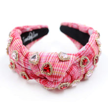 Load image into Gallery viewer, VALENTINES Jeweled Headband, Heart Headbands for Women, Heart Jeweled Knot Headband, Jeweled Knot Headbands, Valentines Day Knotted Headband, knotted headband, birthday gift for her, headbands for women, best selling items, knotted headbands, hair accessories, pink knot headband, valentine headband, valentines headband, valentines day gifts, embellished headband, heart stud headband, red headband, red hearts headband, heart headband for women and girls, bling headband, hearts knot headband, Pink headband