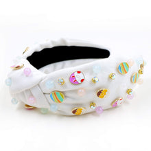Load image into Gallery viewer, headbands for women, Easter knotted headband, headband style, top knot headband, Easter egg top knot headband, Easter headband, Easter hair band, bunny knot headband, top knotted headband, Bunny knotted headband, handmade headbands, top knotted headband, hand bead knotted headband, Easter bunny hair band, white knot headband, statement headbands, embellished headband, chic headband, Easter knot headband, Easter bunny headband, Easter hair accessories, Easter knot headband, Easter egg Knot headband
