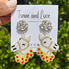 Load image into Gallery viewer, horse Beaded Earrings, beaded horse Earrings, horse Earrings, derby Beaded Earrings, derby earrings, derby lover bead earrings, derby horse beaded earrings, white horse earrings, Beaded earrings, white horseshoe bead earrings, horse seed bead earrings, derby accessories, spring summer earrings, gifts for mom, Horseshoe earrings, best friend gifts, birthday gifts, Derby horse earrings, flower beaded earrings, horse derby earrings accessory, white horse earrings, white beaded earrings