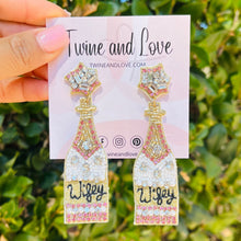 Load image into Gallery viewer, Bride beaded earrings, bride champagne bottle earrings, bridal earrings, bridal shower gift, bachelorette earrings, bridal gift, bride to be gift, bachelorette gift, bride statement beaded earrings, bridal gift, bachelorette party, earrings for bride, best friend gift, bachelorette gift, wifey earrings, birthday gift for bride, party treats for bride. bride to be gift, gifts for bridal shower, gift for bachelorette, gift for a future bride, bridal shower gifts, bridesmaids gifts, wifey beaded earrings