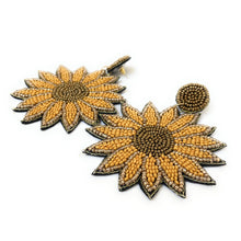 Load image into Gallery viewer, beaded earrings, statement earring, tropical beaded earrings, seed bead tropical earrings, summer earrings, best seller earrings, must have accessories, best seller accessories, friends gifts, best friend birthday gift, earrings lover, latest earrings, bead earrings,handmade sunflower earrings, sunflower earrings, birthday gift for her, birthday gift, best friend gift, sunflower lover, sunflower gifts, sunflower party, yellow earrings, beach accessories