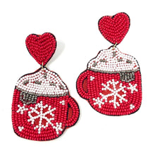 Load image into Gallery viewer, 
Hot cocoa Beaded Earrings, hot cocoa Earrings, Holiday Earrings, Hot cocoa Beaded Earrings, Seed Bead, Merry Christmas, red earrings, red beaded earrings, Christmas beaded earrings, Chocolate beaded earrings, holiday beaded earrings, holiday earrings, red holiday earrings, Hot cocoa earrings, hot chocolate earrings, holiday gifts, holiday accessories, holiday beaded accessories, Holiday red accessories, Holiday Christmas earrings, Christmas gifts, Best seller, best Selling items