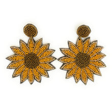Load image into Gallery viewer, beaded earrings, statement earring, tropical beaded earrings, seed bead tropical earrings, summer earrings, best seller earrings, must have accessories, best seller accessories, friends gifts, best friend birthday gift, earrings lover, latest earrings, bead earrings,handmade sunflower earrings, sunflower earrings, birthday gift for her, birthday gift, best friend gift, sunflower lover, sunflower gifts, sunflower party, yellow earrings, beach accessories