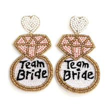 Load image into Gallery viewer, team bride beaded earrings, bridal earrings, bridal shower gift, bachelorette earrings, bridal gift, bride to be gift, bachelorette gift, bridal shower, bride statement earrings, bridal gift, bachelorette party, earrings for bride, best friend gift, bachelorette gift, white bride earrings, birthday gift for bride, party treats for bride. bride to be gift, bridal shower party favors, gift for bride, gift for bachelorette, bride entourage gift, bridesmaids gifts, team bride earrings, bride squad gifts