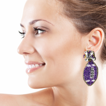 Load image into Gallery viewer, football Beaded Earrings, beaded football Earrings, football Earrings, football love Beaded Earrings, football bead earrings, football lover bead earrings, geaux tigers, purple earrings, Geaux earrings, tigers football earrings, football seed bead earrings, football accessories, Clemson accessories, sport earrings, gifts for mom, best friend gifts, birthday gifts, sport jewelry, sport bead earrings, football accessory, Clemson earrings, football fan earrings