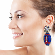 Load image into Gallery viewer, football Beaded Earrings, beaded football Earrings, football Earrings, football love Beaded Earrings, football bead earrings, football lover bead earrings, Buffalo Bill, Ole Miss, Hotty Toddy, Blue football earrings, Texas college earrings, blue red earrings, football seed bead earrings, football accessories, Texas accessories, Ole Miss earrings, gifts for mom, best friend gifts, birthday gifts, sport jewelry, sport bead earrings, football accessory, College gifts, red earrings, game day earrings