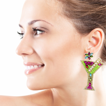 Load image into Gallery viewer, martini beaded Earrings, beaded bow Earrings, martini Earrings, apple martini Beaded Earrings, vacation earrings, resort earrings, bachelorette beaded earrings, apple martini earrings, unique earrings, martini seed bead earrings, bejeweled accessories, resort accessories, resort beaded earrings, gifts for mom, best friend gifts, birthday gifts, multicolor earrings, fancy earrings accessory, summer earrings, boho earrings, fancy rhinestone earrings, rhinestone earrings, embellished earrings