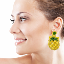 Load image into Gallery viewer, pineapple Beaded Earrings, beaded pineapple Earrings, fruit Earrings, pineapple love Beaded Earrings, fruity earrings, pineapple lover bead earrings, multicolor beaded earrings, Hawaiian earrings, Beaded earrings, pineapple bead earrings, yellow seed bead earrings, fruit accessories, summer accessories, spring summer earrings, gifts for mom, best friend gifts, birthday gifts, fruit jewelry, fruit bead earrings, pineapple earrings accessory, multicolor earrings, summer beaded earrings 