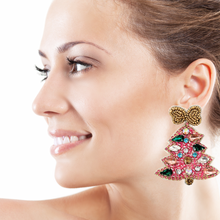 Load image into Gallery viewer,  Christmas Beaded Earrings, Pink Christmas Earrings, Holiday Earrings, Christmas Beaded Earrings, Seed Bead, Merry Christmas, Pink earrings, Pink beaded earrings, Christmas beaded earrings, Christmas earrings, holiday earrings, pink holiday earrings, Pink tree earrings, Christmas tree bead earrings, holiday gifts, holiday accessories, holiday beaded accessories, Holiday pink accessories, Holiday Christmas earrings, Christmas gifts, Best seller, best Selling items, Christmas earrings, Custom earrings