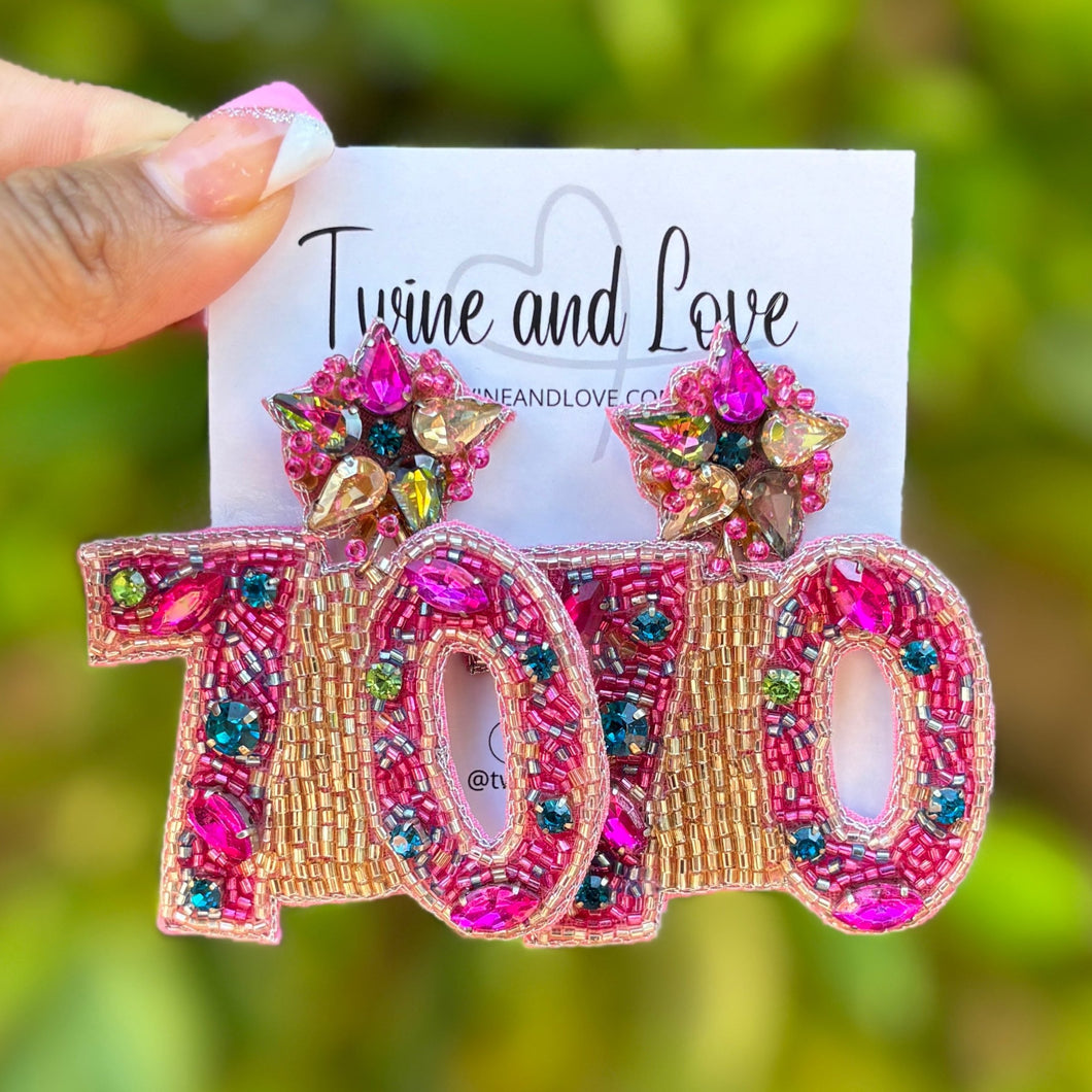 custom beaded Earrings, jeweled Earrings, 70th birthday Beaded Earrings, 70th birthday earrings, multicolor jeweled earrings, handmade earrings, custom earrings, birthday accessories, fancy accessories, birthday embellished earrings, custom earrings, best friend gifts, birthday gifts, luxurious handmade accessories, party earrings, Fancy earrings, boho earrings, beaded earrings, 70th birthday embellished earrings, Fancy jeweled earrings, pink earrings, statement earrings, best selling items
