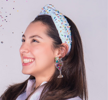 Load image into Gallery viewer, headband for women, sprinkles Knotted headband, headbands for women, birthday headbands, top knot headband, sprinkles top knot headband, rainbow headband, sprinkles hair band, trendy headbands, top knotted headband, statement headbands, white knot headband, confetti headband, party headbands, trendy headband, fashion headbands, embellished headband, rhinestone headband, gemstone headband for women, luxury headband, jeweled headband for women, jeweled knot headband, happy birthday headbands 