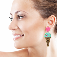 Load image into Gallery viewer, ice Cream Beaded Earrings, ice cream Earrings, ice cream love Beaded Earrings, ice cream cone earrings, ice cream lover bead earrings, multicolor beaded earrings, tropical earrings, Beaded earrings, ice cream cone bead earrings, ice cream seed bead earrings, fruit accessories, summer accessories, spring summer earrings, gifts for mom, best friend gifts, birthday gifts, ice cream jewelry, ice cream bead earrings, ice cream earrings accessory, multicolor earrings, summer beaded earrings 